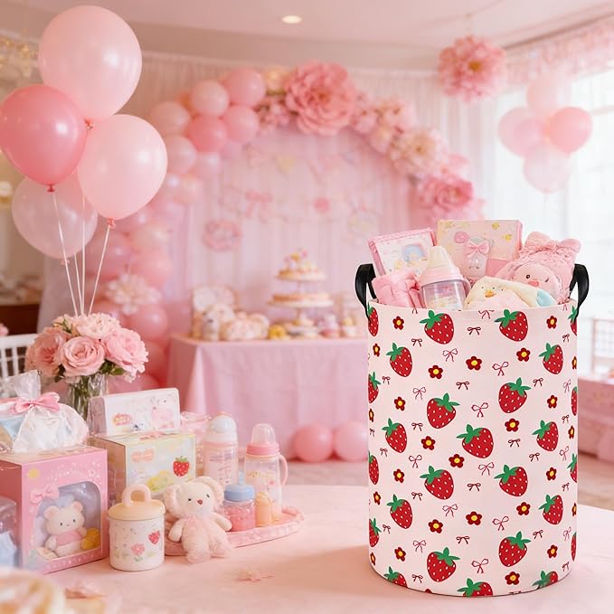 Laundry Hamper Baby Nursery Hamper Waterproof Foldable Kids Laundry Basket Kids Dirty Clothes Hampers Girl Room Decor for Home Gift Baskets(Strawberry Flower)