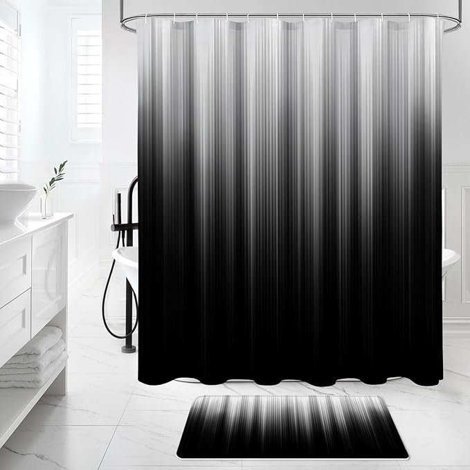 Litabel 4 Pcs Grey and Black Gradient Shower Curtain Set with Rugs and Toilet Lid Cover, Modern Simple Waterproof Fabric Bathroom Set, Ombre Stripe Gothic Abstract Bathroom Decor Set Accessories
