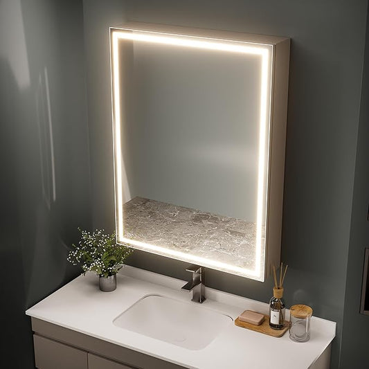 32x24 inch LED Lighted Medicine Cabinet with Mirror, Moisture-Resistant Wood, Stepless Dimmable, 3000K/5500K, Defogger, Adjustable Shelf, Flat-Pack Design – Assembly Required (Grey)
