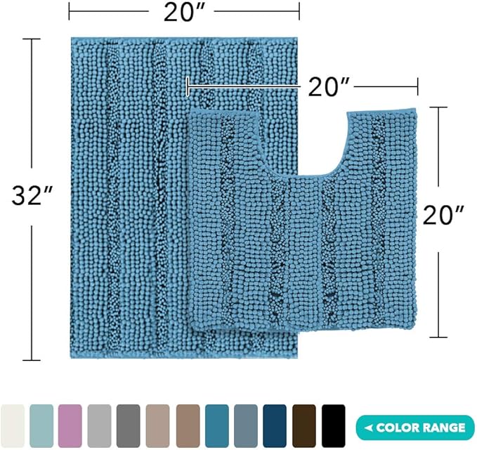 Turquoize Chenille Bathroom Rugs Set Non-Slip Bath Mats for Bathroom Super Absorbent Shaggy Rugs for Tub Shower Toilet Bath Rug Plus U Contour Rug (Standard: 20" x 32" and 20" x 20" U), Turquoise