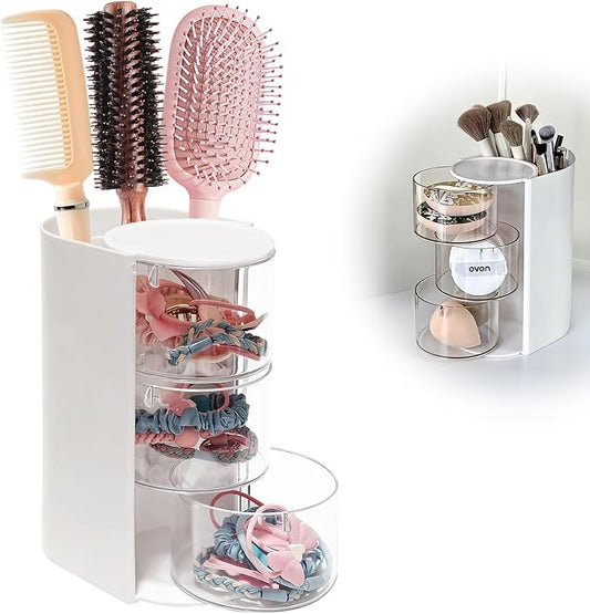 Hair Accessories Organizer & Hair Brush Holder, 3-Tier Clear Hair Accessory Organizer Rotatable Small Jewelry Box for Clip Earring Necklaces, Bows & Brushes The Latest Gift for A Girl. white
