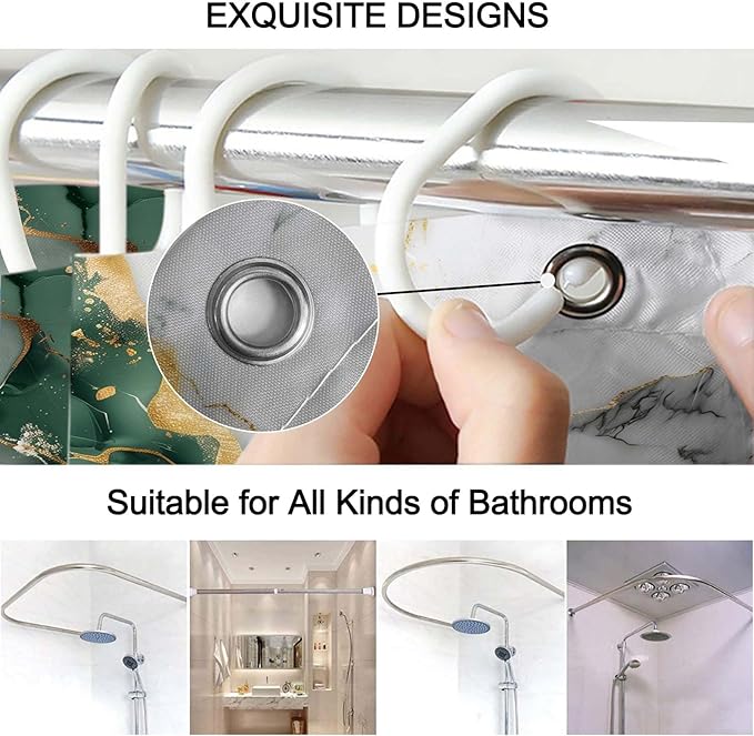 Lnond 4Pcs Bathroom Sets with Shower Curtain and Rugs, Marble Bathroom Shower Curtain Sets, Green Grey Gold Modern Art Bathroom Sets with Rugs and Accessories
