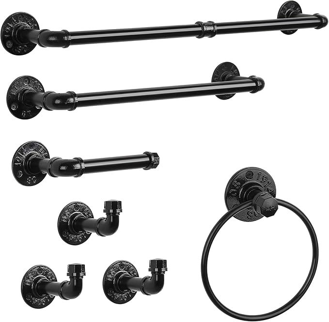 Bathroom Hardware Fixture Set Industrial Towel Bar Sets with Paper Towel Rack Wall Mount Hand Towel Holder Roll Ring Toilet Paper Holder and Pipe Robe Towel Holder Hanger for Farmhouse Home, 7 Pieces