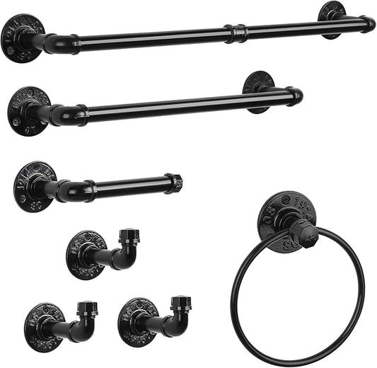 Bathroom Hardware Fixture Set Industrial Towel Bar Sets with Paper Towel Rack Wall Mount Hand Towel Holder Roll Ring Toilet Paper Holder and Pipe Robe Towel Holder Hanger for Farmhouse Home, 7 Pieces