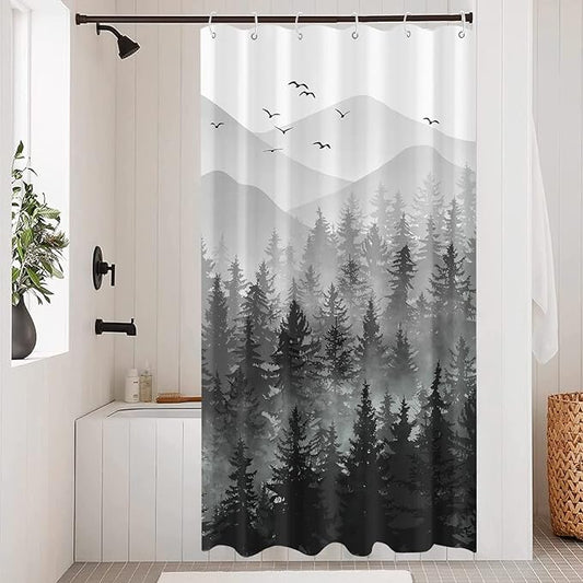 Stall Small Black and White Misty Forest Shower Curtain Ombre Gray Grey Mountain Pine Tree Waterproof Fabric Shower Curtains for Bathroom Nature Woodland Decorative Bath Curtain Decor 36×72 Inches