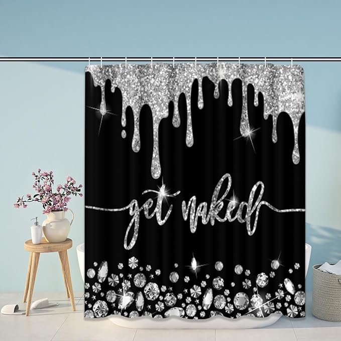 ArtSocket 4PC Silver Get Naked Shower Curtain Sets Diamond Bathroom Decor with Rugs, Non-Slip Rug,Toilet Lid Cover, Bath Mat and 12 Hooks 72x72 inches