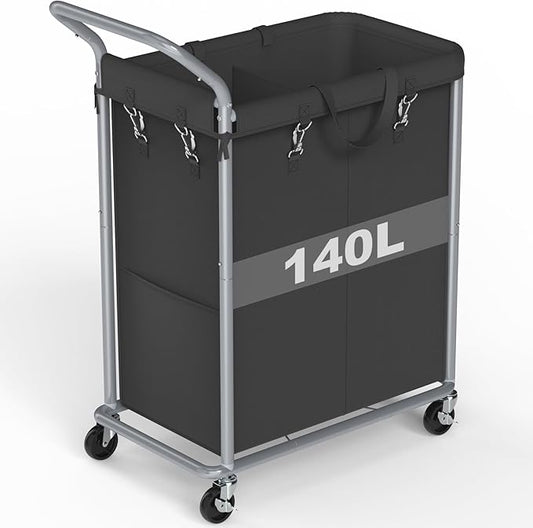 Laundry Hamper 2 Section, Rolling Laundry Basket with Wheels, Laundry Cart with Removable Liner, 37 Gallons (140L) Clothes Hamper, Blanket Dirty Clothes Basket Steel Frame with Handle(Black)