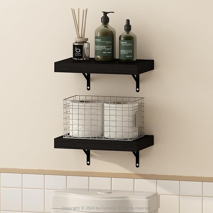 Furinno Tanna Floating Shelves for Wall Set of 2, 15-Inch Bathroom Wall Shelf, Wall Mounted Shelf, for Bathroom Organizers and Storage, Living Room, Tobacco Oak