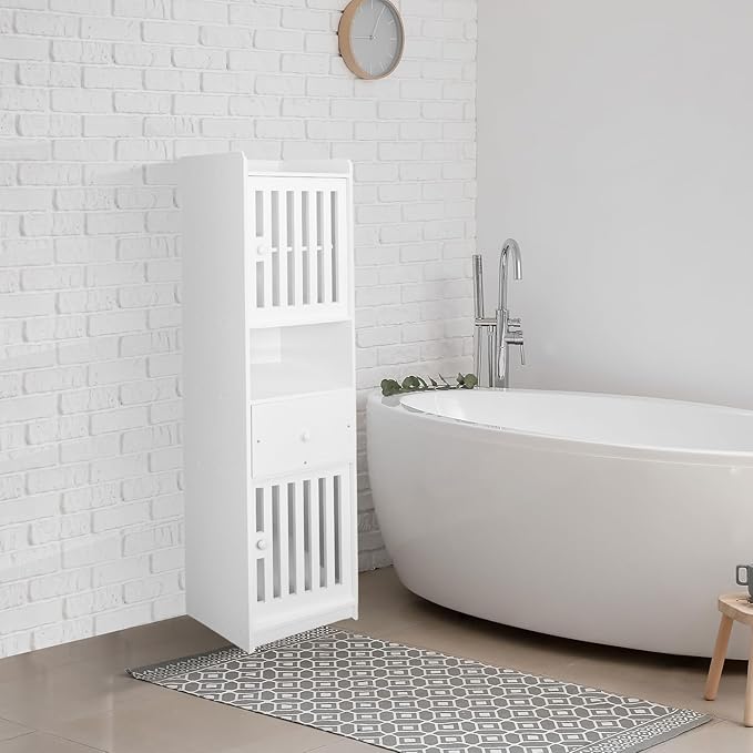 Tall Bathroom Storage Cabinet,11.4x 11.4 x 46.5 Inches Multipurpose Small Storage Cabinet with 2 Doors 5-Tier Side Storage Organizer Cabinet Unit for Bathroom Living Room Hallway Kitchen, White