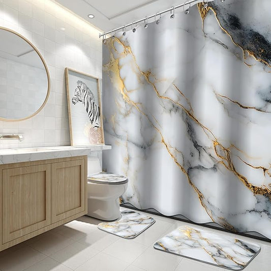 Lnond 4Pcs Marble Bathroom Sets with Shower Curtain and Rugs,White Gold Marble Modern Art Bathroom Shower Curtain Sets with Rugs and Accessories