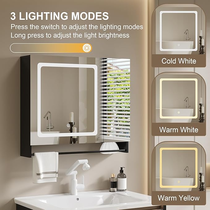 ChooChoo Bathroom Medicine Cabinet with Mirror, Modern Mirror Cabinet with LED Lights, Bathroom Wall Cabinet with Adjustable Shleves, Towel Bar, Black