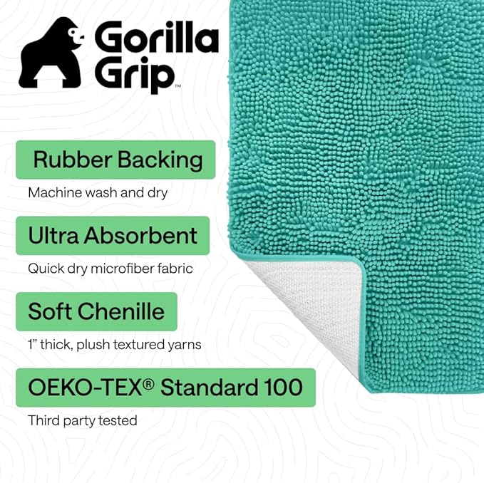 GORILLA GRIP Bath Rug Mat 44x26, Soft Absorbent Chenille, Quick Dry Microfiber Mats, Rubber Backing Washable Shower Floor Rugs, Bathmat Runner, US Designed Bathroom Home Decor Accessories Turquoise