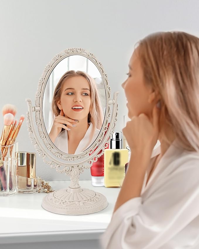XPXKJ Vintage Vanity Mirror Shabby Chic Decor | 360° Rotating Double-Sided Table Makeup Mirror with Stand Bedroom Decoration Perfect for Tabletop, Desk, or Makeup Station