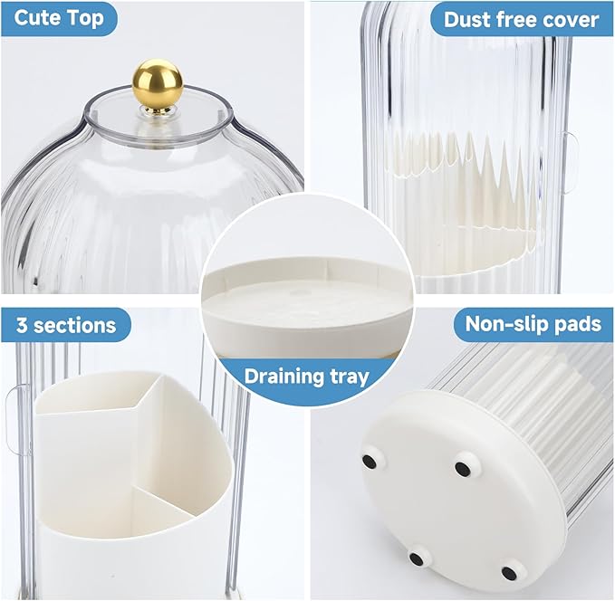 Toothbrush Organizer with Cover,3 Slots for Bathroom Toothbrush Holders with Lid,Dustproof Design,Rotating Holder,Ideal Makeup Brushes Holder for Bathroom Countertop Organization and Storage
