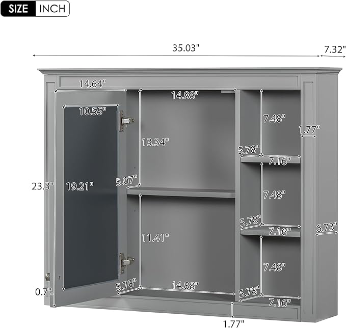 Merax Bathroom Medicine Cabinet with Mirror, 35" x 27.5" Wall Mounted Medicine Cabinet with Single Door and Shelves, Over The Toilet Mirrored Bathroom Storage Wall Cabinet