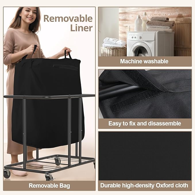 Hodonas Laundry Hamper with Wheels, 2-Section 230L (61Gal) Large Capacity, Heavy-Duty Rolling Clothes Basket with Silent Rubber Casters & Detachable Oxford Bags for Home, Black, 31.5"Lx15.75W"x30.7"H