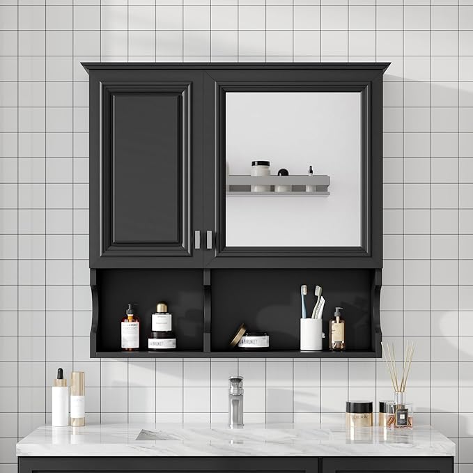 Bathroom Wall Cabinet with Mirror, Medicine Cabinet with 2 Doors and Adjustable Shelf, Space Saver Storage Cabinets Over The Toilet for Bathroom (30'' x 28'')