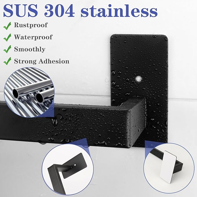 5 Pieces Self Adhesive Bathroom Hardware Set-SUS304 Stainless Steel-Towel Rack Set Include 24″Towel Bar+Toilet Paper Holder+3 Towel/Robe Hooks Bathroom Accessory Towel Bar Set (Black, 24 in)