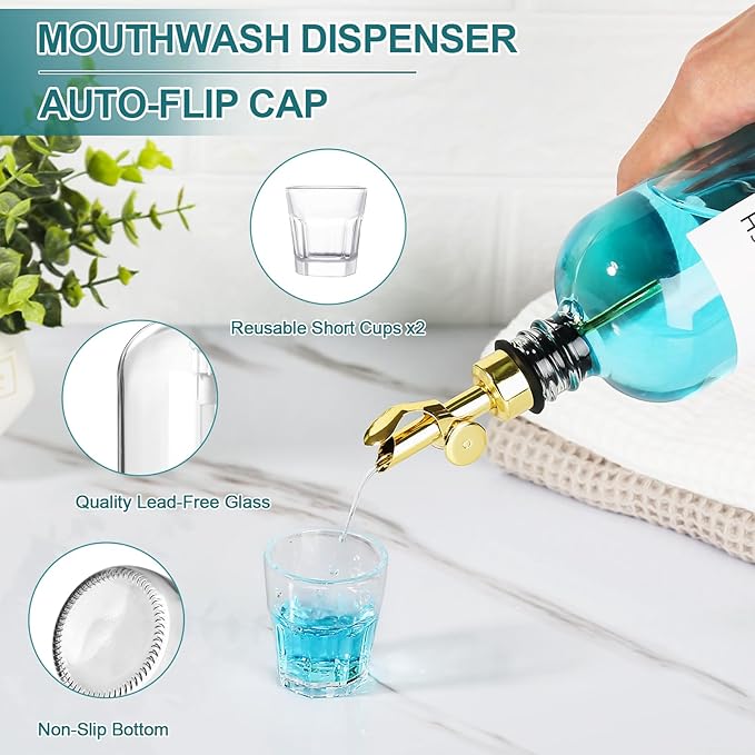 Mouthwash Dispenser for Bathroom, Glass Mouthwash Dispenser with Cup, Mouth Wash Container Bottle with Cup, Refillable Mouthwash Decanter, Clear,17oz,2 Pack