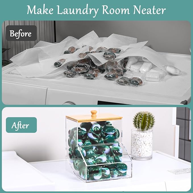 1.2GAL Large Acrylic Laundry Pods Container BY VEGEVIGI, Dishwasher Pods Holder Dispenser With Lid, Laundry Room Organization And Storage