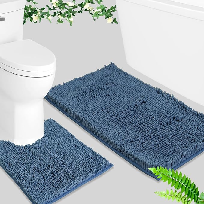 BOANKODU Bath Rug Sets 2-Piece, Soft Chenille Bath Mat - U-shape (32x20 + 20x20 Inch) for Bathrooms, Non-Slip, Machine Washable (Deep Blue)
