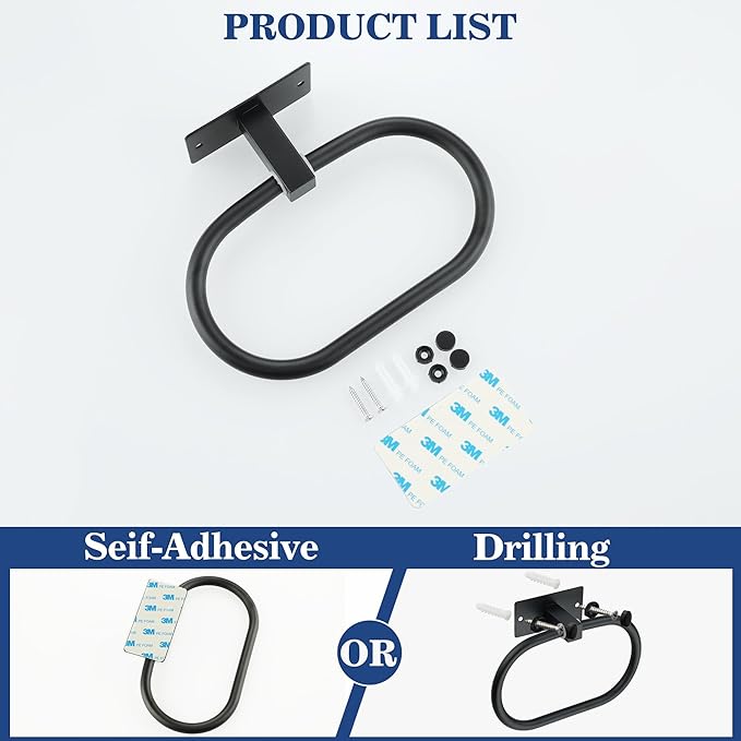 Alise Hand Towel Holder Towel Ring for Bathroom Lavatory Self-Adhesive,SUS304 Stainless Steel Towel Rack Towel Bar Towel Hanger for Walls,Black,Pack of 2