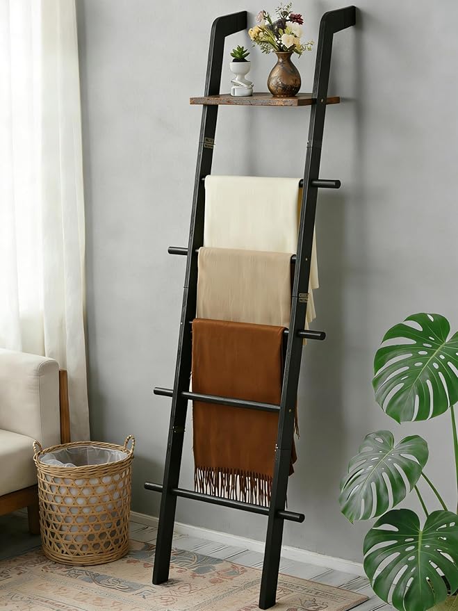 Taozun Black Blanket Ladder with Shelf for Living Room, 67-Inch Wooden 5-Tier Farmhouse Towels and Quilt Rack Decor - Wall Leaning Display Holder for Blankets and Throws