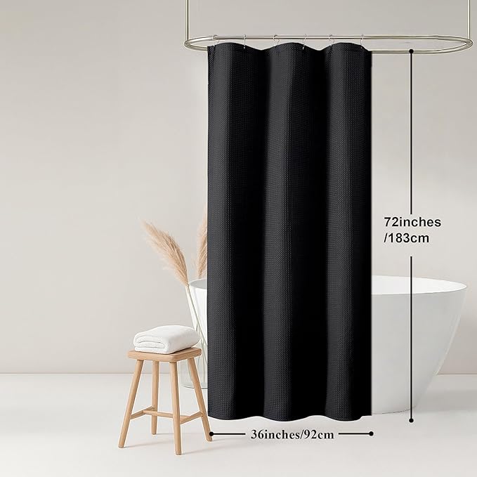 OWENIE Black Shower Curtain, Stall Small Waffle Weave Heavy Fabric Shower Curtains for Narrow Size Bathroom, Waterproof Soft Hotel Spa Luxury Bath Curtain Set, Machine Washable, Black, 36x72 Inch