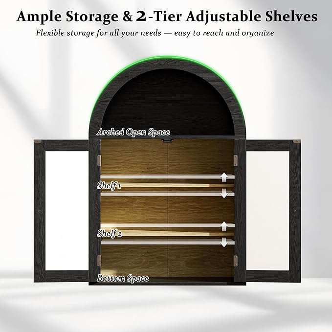 BREEZEHEAT Arched Medicine Cabinet with Glass Doors, Adjustable Shelf, Wall Mounted Bathroom Storage Cabinet Over Toilet, Black Wood Grain, 23.6''W × 31.5''H