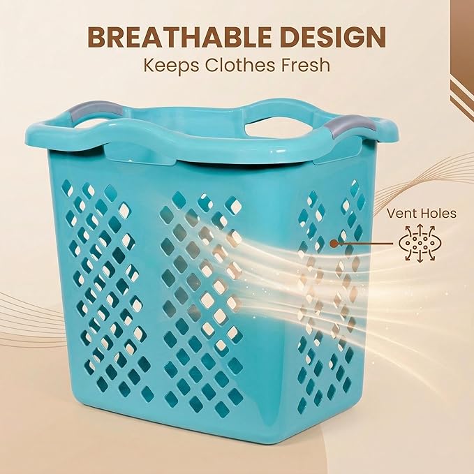 (2-Pack) 2 Bushel Plastic Laundry Baskets with Handles, Featuring Ventilation Design. Suitable for Laundry and Storage. Applicable to Bedrooms, Bathrooms, Dormitories. Convenient to carry. (‎Blue)