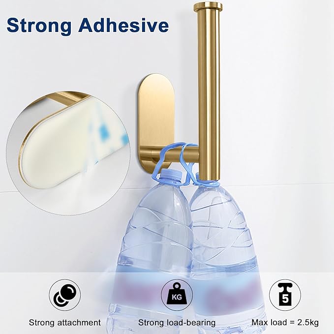 NearMoon Toilet Paper Holder Self Adhesive, Premium Thicken SUS304 Stainless Steel Rustproof Adhesive Toilet Roll Holder no Drilling for Bathroom, Kitchen, Washroom (2 Pack, Brushed Gold)