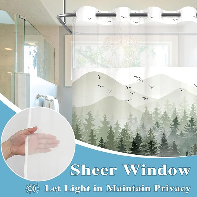 Accnicc No Hook Shower Curtain with Snap in Liner Sage Green Misty Forest Hookless Shower Curtains for Bathroom Foggy Nature Pine Tree Mountain Woodland Waterproof Fabric Bath Curtain Decor 71×74In