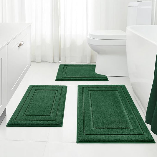 HOMEIDEAS Bathroom Rugs Sets 3 Piece, Super Soft and Absorbent Non Slip Microfiber Toilet Bath Mat with U-Shaped (Dark Green)