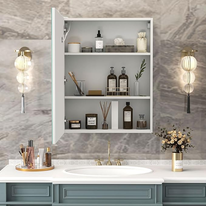 Lighted Medicine Cabinet with Mirror,3-Color Control,Mirror Medicine Cabinet with Storage Wall Mounted,Surface Mount Mirror Cabinet with Defogging,24x30 Inch