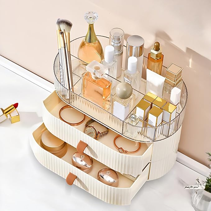 Makeup Organizer Countertop with 2 Drawers and 1 Clear Tray Stackable Skincare Cosmetics Storage Box for Vanity and Bathroom Countertop