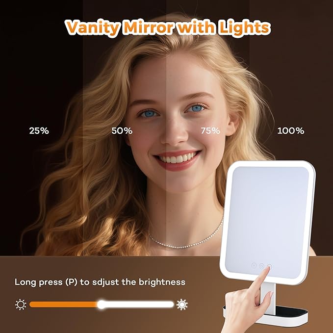Vanity Mirror with Lights, 1/10X Magnifing，Hollywood Vanity Mirror with 3 Colors Lights & Adjustable, Smart Touch Control Modern Style, Dresser Mount, Bathroom,（16.5" X 9.8" White） Plug in