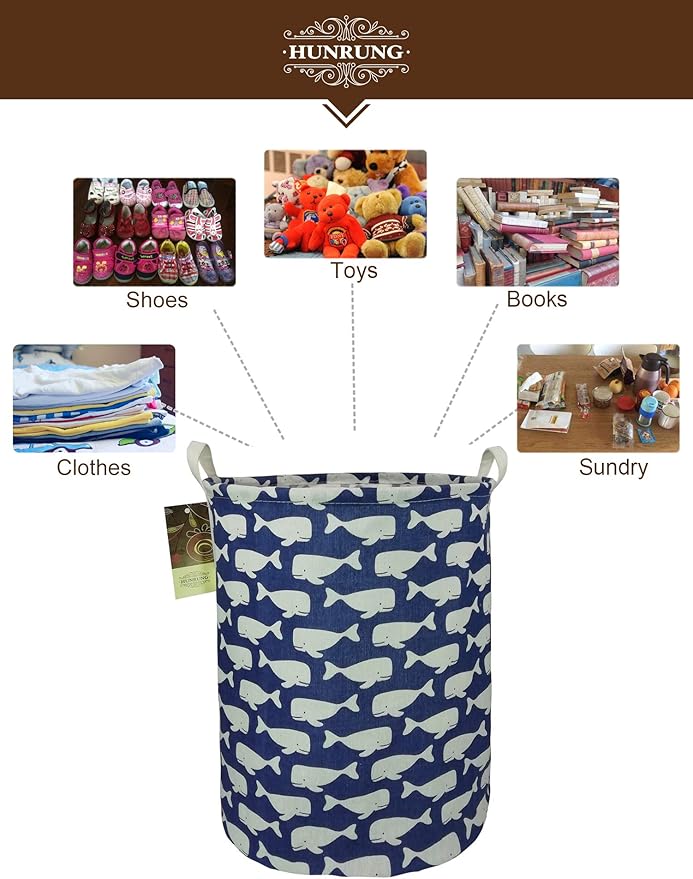 HUNRUNG Laundry Hamper,Large Canvas Fabric Lightweight Storage Basket Toy Organizer Dirty Clothes Collapsible Waterproof for College Dorms, Children Bedroom,Bathroom (Rould Blue Whale)
