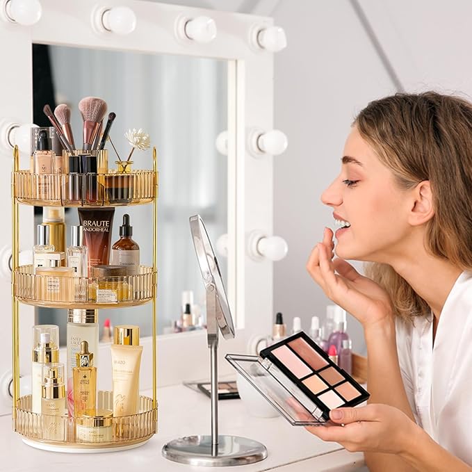 shuang qing Rotating Makeup Organizer for Vanity, High-Capacity Skincare Clear Make Up Storage Perfume Organizers Cosmetic Dresser Organizer Countertop 360 Spinning (Gold, New-3 Tier)