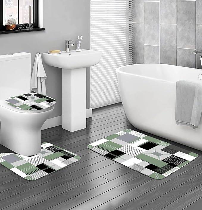 All Smiles Sage Green Shower Curtain Sets with Non-Slip Rugs,Toilet Lid Cover and Bath Mat, Black and Green Bathroom Decor Set Accessories Waterproof Shower Curtains