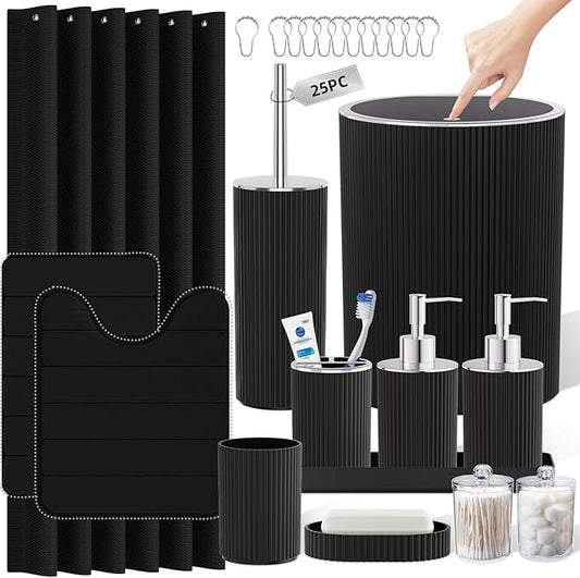 Black Bathroom Accessories Set - Bathroom Sets, 25PC Bath Accessory Set, Bathroom Sets with Push Top Trash Can, Shower Curtain and Rugs, Toilet Brush, Trash Can & Soap Dispenser