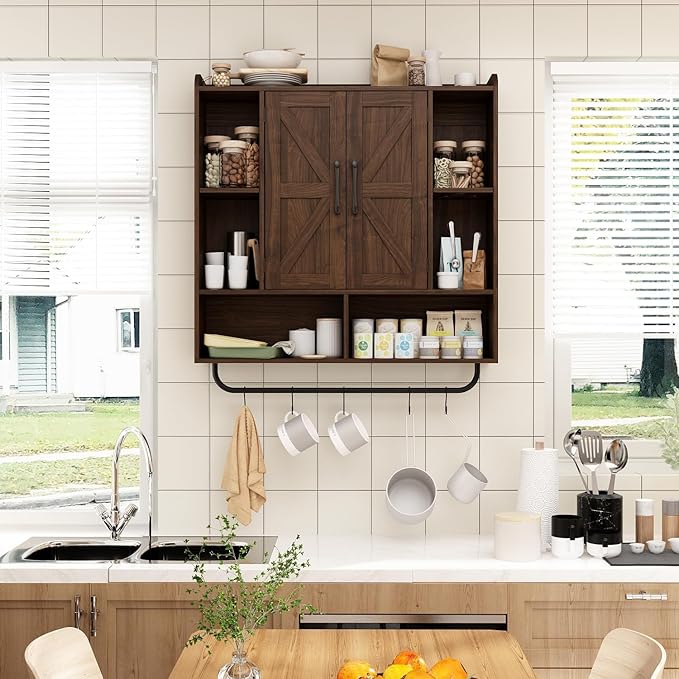 RUSTOWN Rustic Wood Wall Bathroom Cabinet, Farmhouse Medicine Cabinet Wall Mounted, Space Saving Wall Storage Cabinet with 2 Barn Door, 3-Tier Adjustable Shelves and Towel Bar(Dark Walnut)
