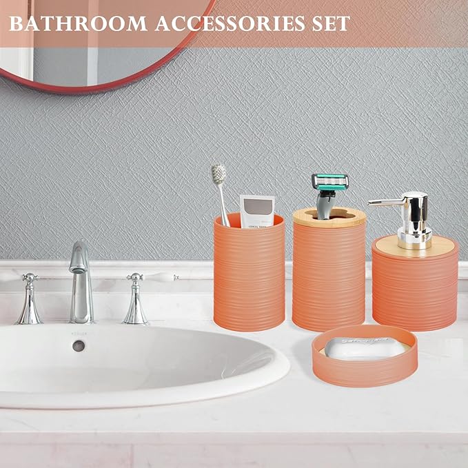 4 Pieces Bamboo Bathroom Accessories Set, Bathroom Accessory Set with Soap Dispenser and Toothbrush Holder, Soap Dish and Toothbrush Cup, Boho Bathroom Decor(Orange)