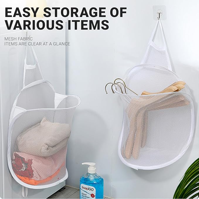 Hanging Laundry Bag Small Hanging Hamper Foldable Mesh Hamper Collapsible Wall Mounted Storage Bag for Home Hotel Office, White