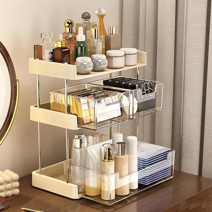 Palmhill 3-Tier Medicine Organizer Medicine Cabinet for Vanity, Bathroom, Bedroom (Beige & Clear)