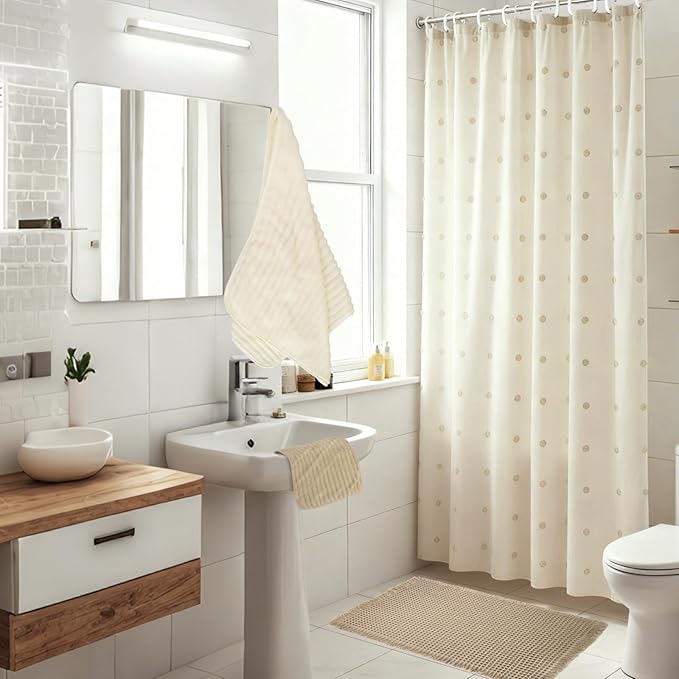 5 Pcs Boho Farmhouse Bathroom Shower Curtain Set Non Slip Waterproof Neutral Shower Curtain with Towel Cream, Waffle Bath Mat 12 Hooks for Bathroom Decoration, 71 x 71 Inch