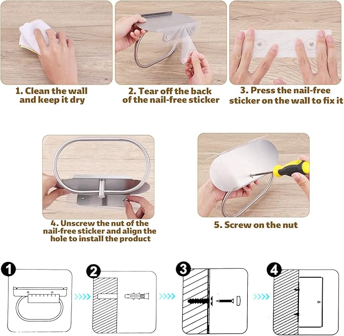 Hand Towel Holder with Shelf, Oval Durable 304 Stainless Steel Adhesive Bathroom Towel Bar Stand Rack Hanger Wall Mounted Rings Practical Kitchen Bathroom Accessories(Silver)