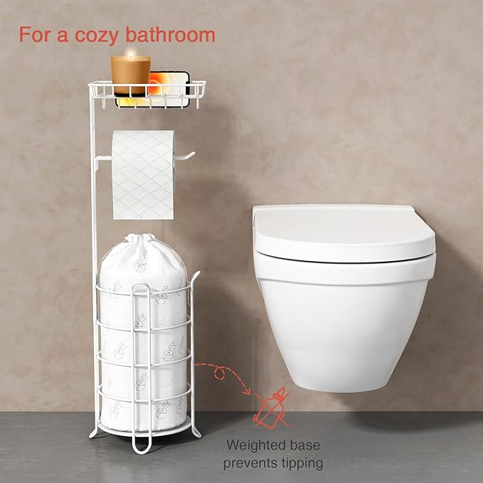 Goozii White Toilet Paper Holder Stand with Shelf, Free Standing Bathroom Tissue Holder for Large Mega Rolls, Metal Floor Toilet Paper Roll Holder with Wipes Storage and Phone Tray (White)