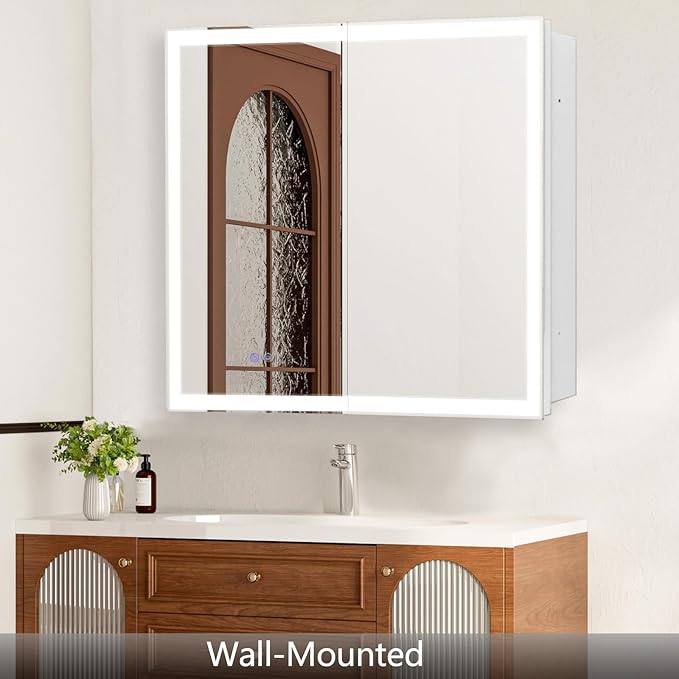 32 x 26 Inch Lighted Medicine Cabinet with 2-Side LED Mirror & Electrical Outlet, 3 Color Lights Dimmable Tempered Glass Frontlit Anti-Fog UL Listed Recessed Wall Mount for Bathroom Storage