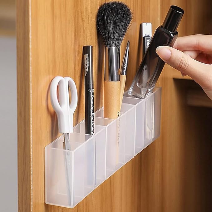 Mini Wall Mount Storage Box, 6 Compartment Transparent Plastic Makeup Brush Lipstick Holder Self-Adhesive Pen Holder Makeup Organizer for Home Office..