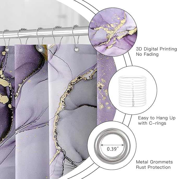 4PCS Purple Gold Marble Bathroom Sets with Shower Curtain and Rugs, Abstract Gold Shower Curtain Sets with Rugs, Modern Bathroom Curtains Shower Set with Toilet Lid Cover